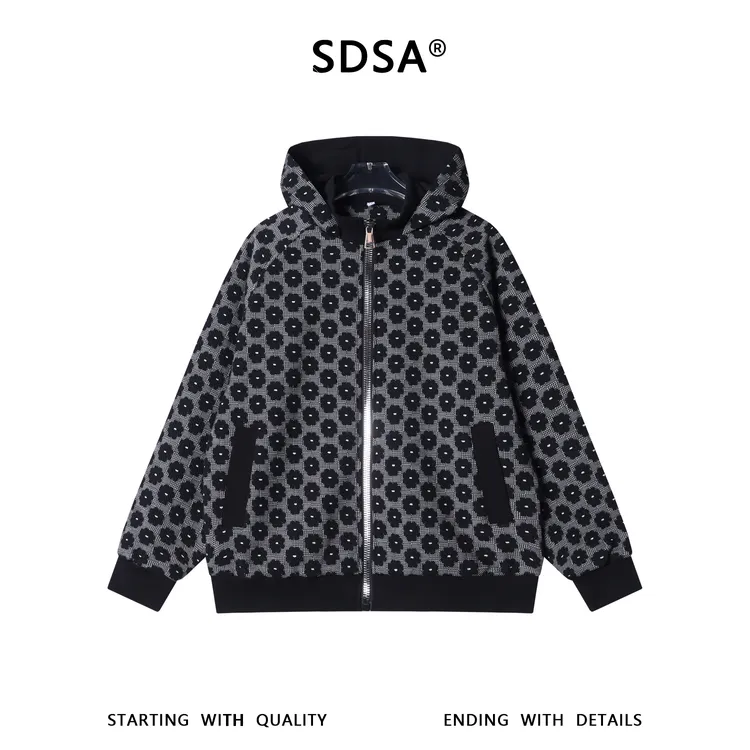 SDSA男士秋冬新款痞帅男装潮牌撞色满印花朵拉链立领连帽卫衣百搭