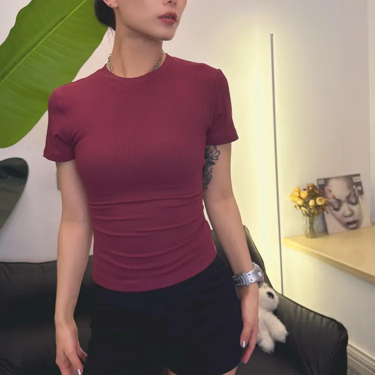 平替卡戴珊同款修身打底衫春夏紧身T恤短袖圆领显瘦纯色上衣G006