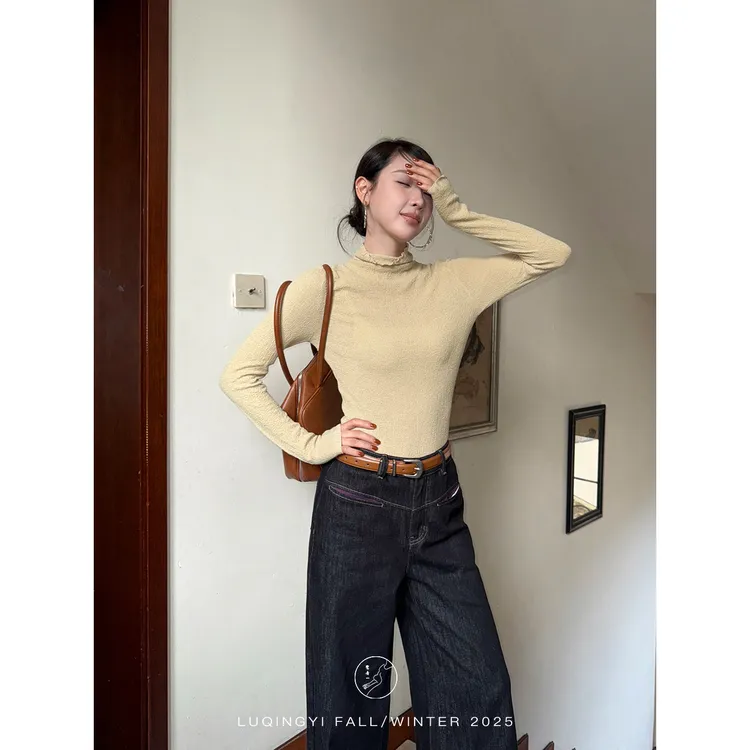 鹭青一原创【幽赏】46支羊毛波浪边半高领修身针织衫L25M1148L