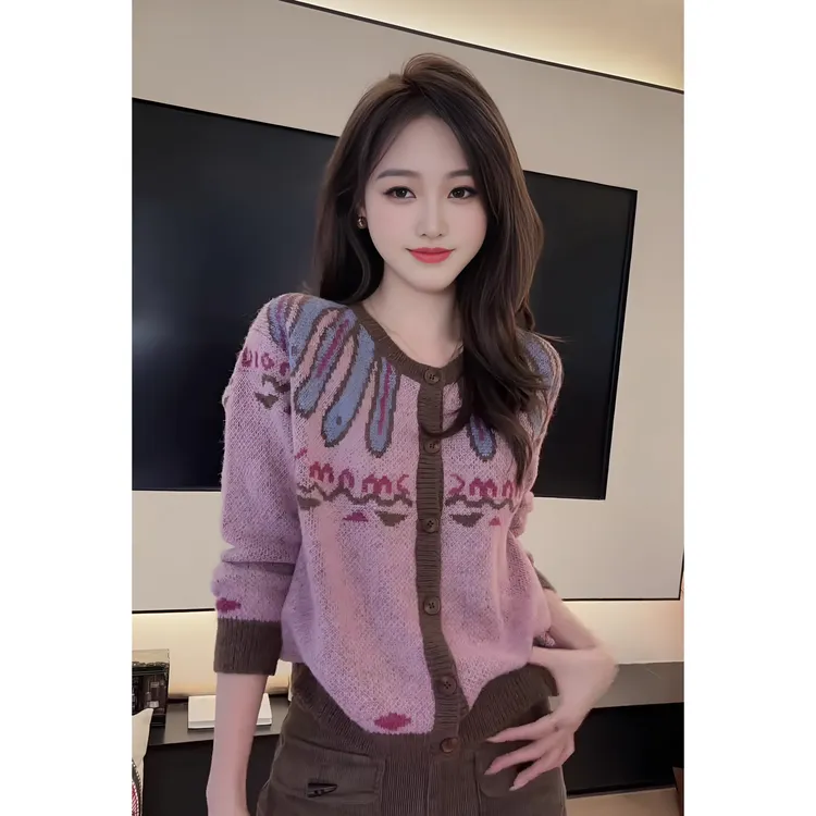 今年流行穿搭2025秋季新款温柔风减龄圆领撞色针织开衫长袖上衣