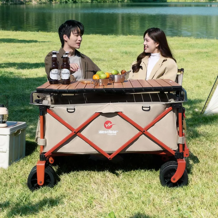 我飞露营车拉车宽轮米色轴承营地车超大户外可折叠聚拢式便携推车