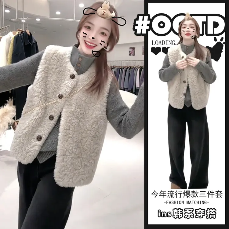 时尚遮肉简约休闲三件套冬季新款半高领针织打底衫叠穿马甲阔腿裤