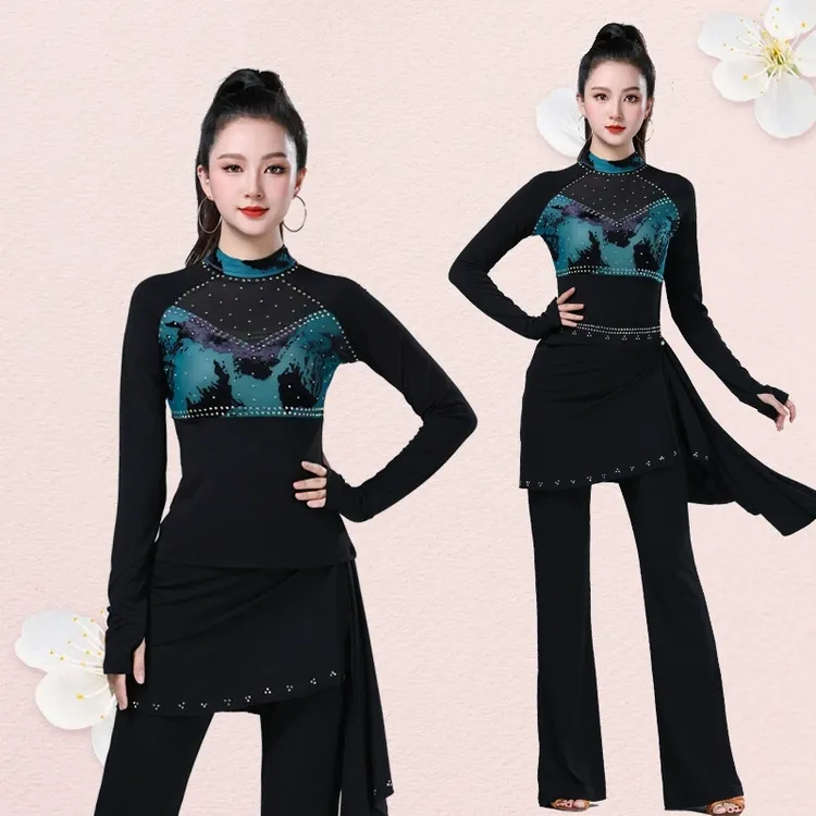 2025新款广场舞上衣女立领长袖勾手指镶钻交谊舞拉丁舞蹈服春秋季