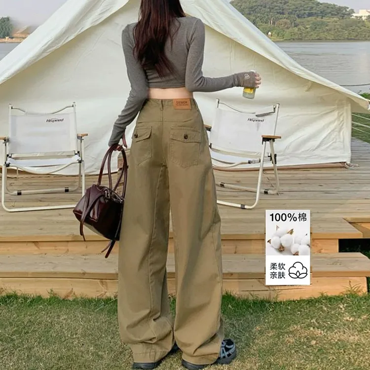 棕咖色阔腿工装牛仔裤女2025早秋新款美式高腰宽松显瘦垂感直筒裤