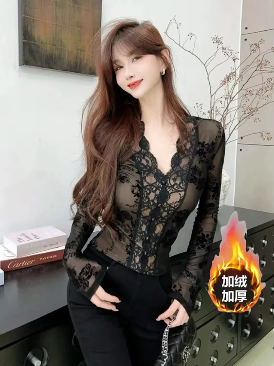 辣妹性感v领蕾丝打底衫女内搭洋气秋冬法式掐腰纯欲蕾丝内搭长袖