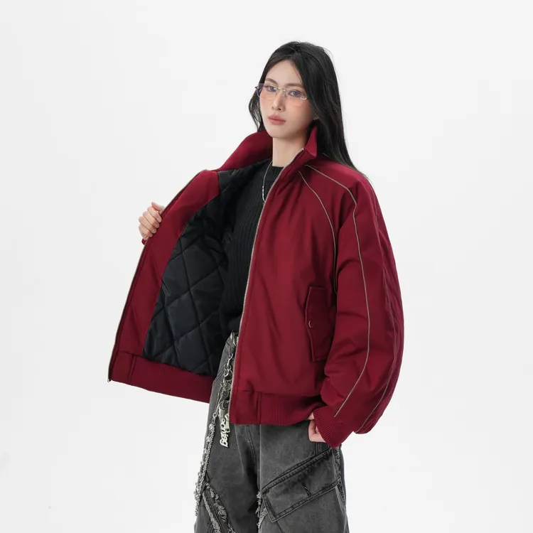 冬季加厚保暖反光条美式立领飞行夹克棉衣男印花棒球机车棉服外套