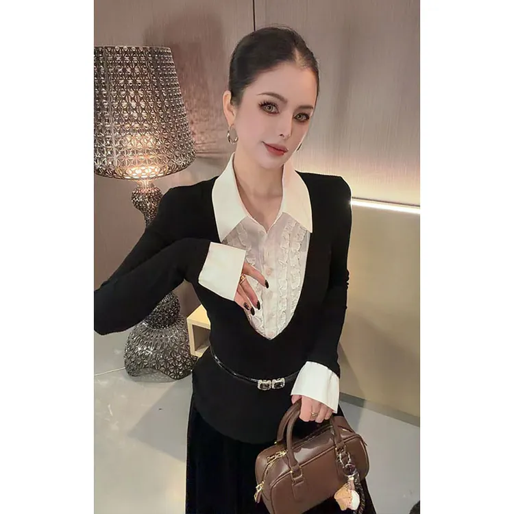 POLO领拼接假两件长袖上衣CS31242