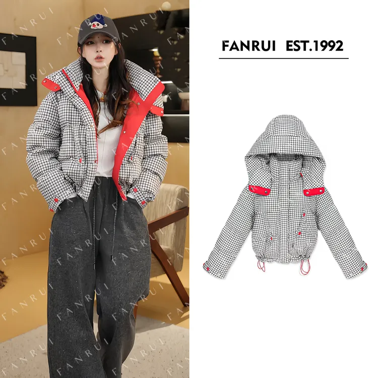FANRUI/泛芮 「​格趣复古」90白鸭绒保暖连帽格纹羽绒短外套B19204