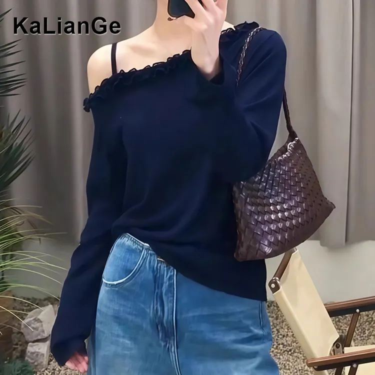 卡莲格/一字肩木耳边斜领露肩长袖T恤女秋季2025款韩系ins风上衣