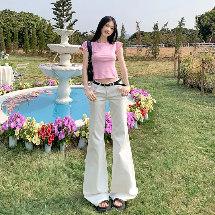 2025美式显瘦喇叭裤复古冰蓝微喇牛仔裤女设计感百搭修身马蹄裤子