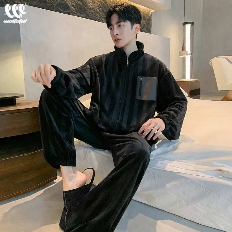 睡衣男士秋冬季加厚加绒长袖保暖珊瑚绒海岛绒家居服可外穿套装