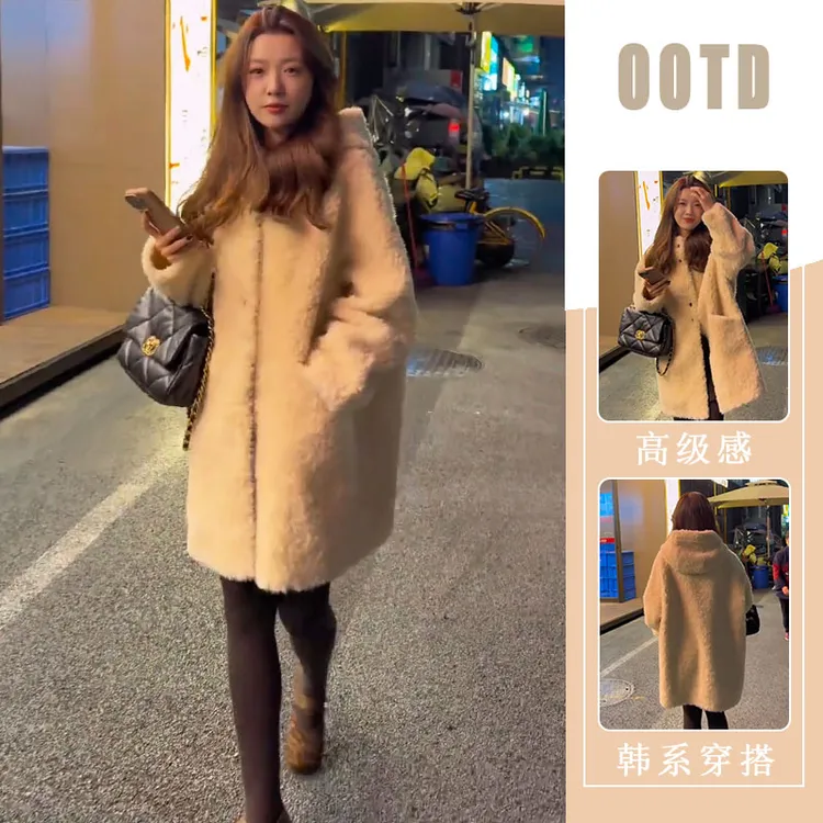慵懒风中长款时尚连帽外套女2025冬季宽松显瘦遮肉加厚保暖大衣潮