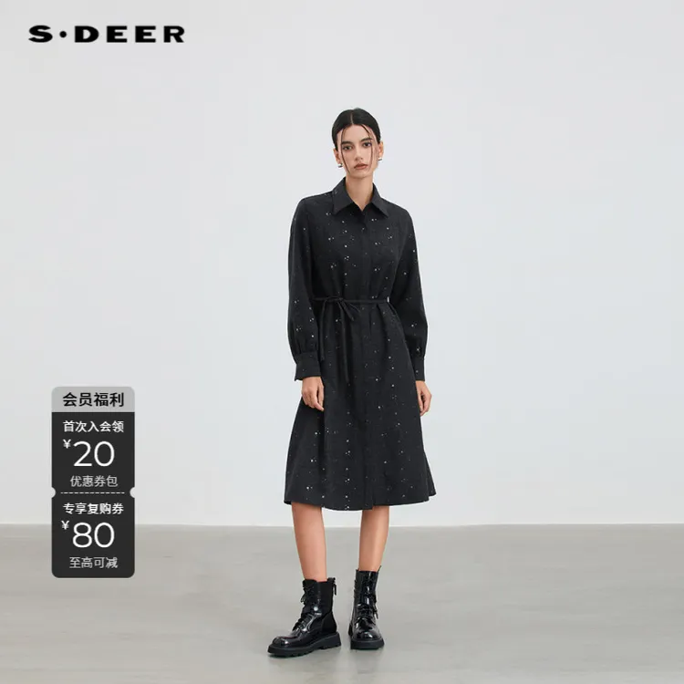 S·DEER圣迪奥冬季新款长袖显瘦气质轻奢翻领连衣裙S254Z1209
