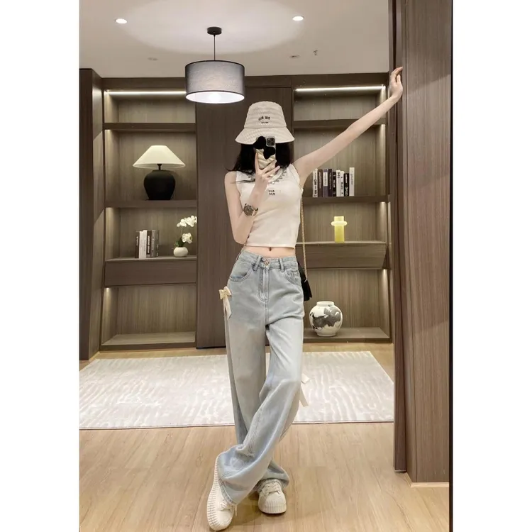 蝴蝶结设计直筒牛仔裤女2025秋季薄款美式复古宽松显瘦百搭阔腿裤