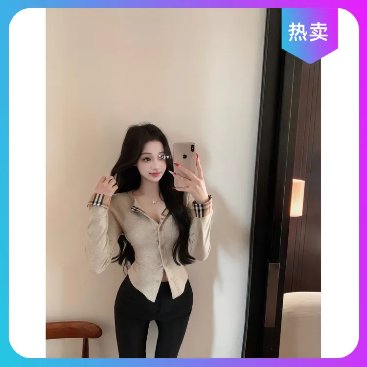 【店铺热销】韩版时尚复古格纹拼接V领长袖针织开衫女秋冬修身打底