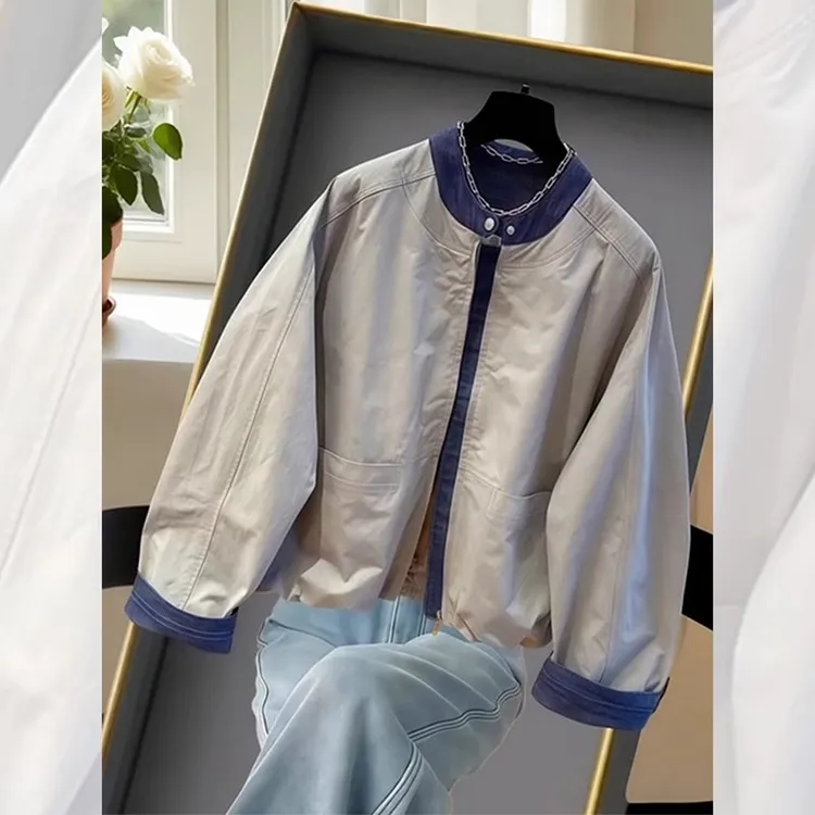 今年流行时尚高级感宽松百搭外套女春秋季洋气拼接牛仔复古棒球服