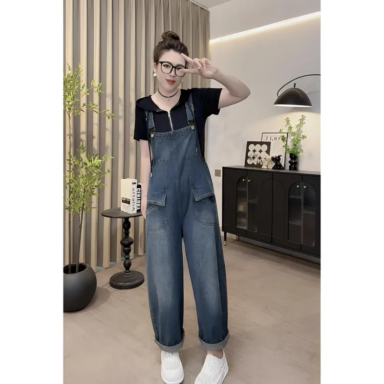 【软牛仔】大码复古牛仔背带裤女2025年早秋新款宽松显瘦时尚减龄