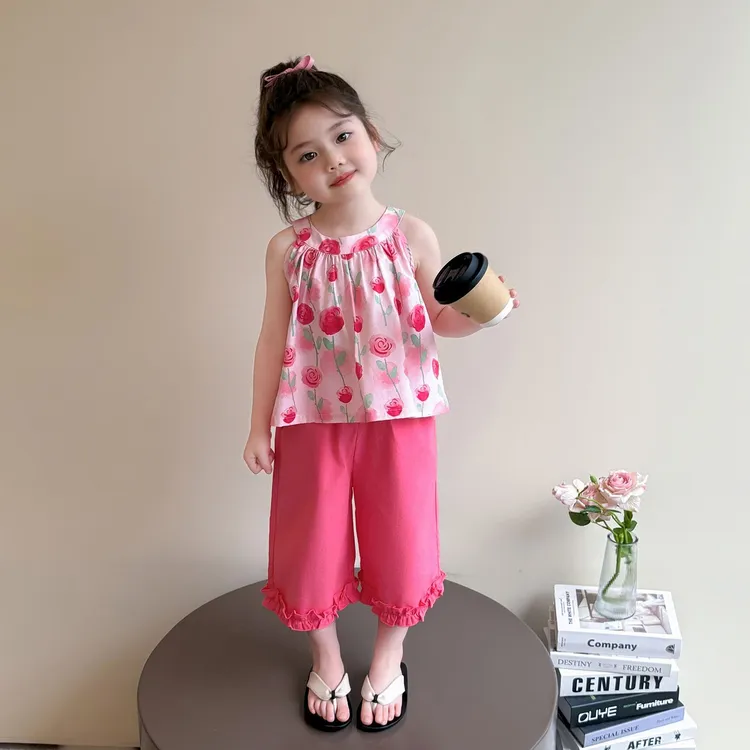 碎花蝴蝶结两件套2025新款夏无袖儿童短袖上衣女宝宝薄款两件套