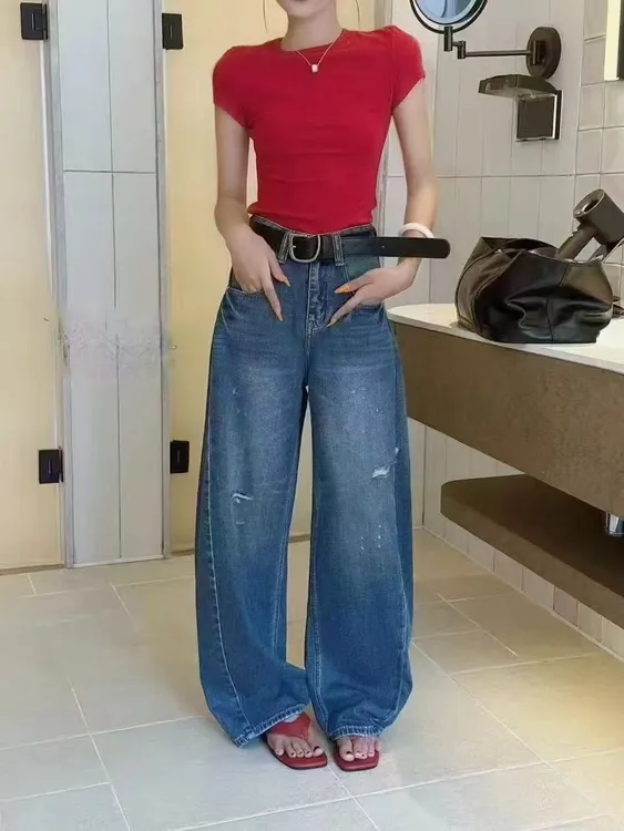 女士微胖窄版直筒裤秋季复古宽松牛仔裤中高腰女装