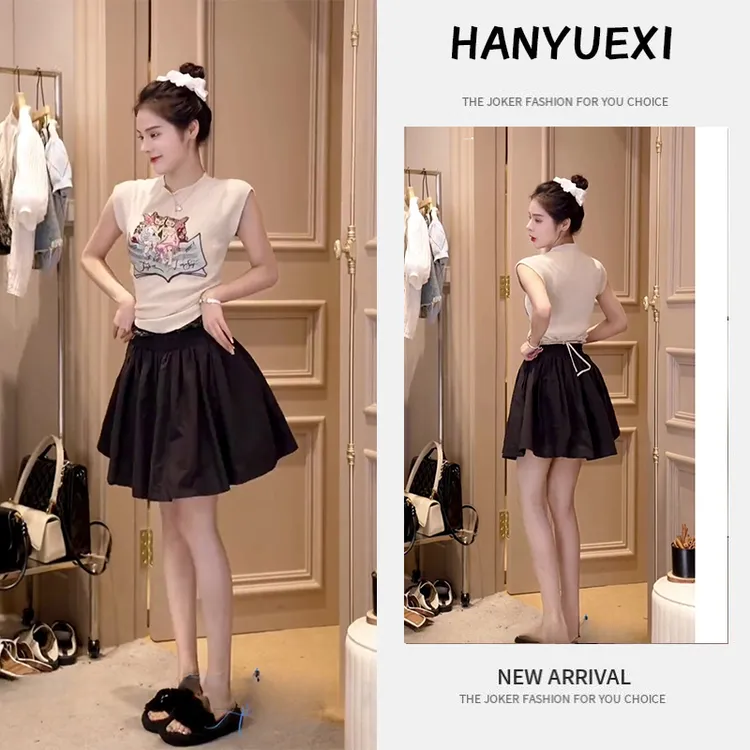 夏季一整套女装2025新款韩版休闲遮肚显瘦时尚短袖上衣短裙两件套