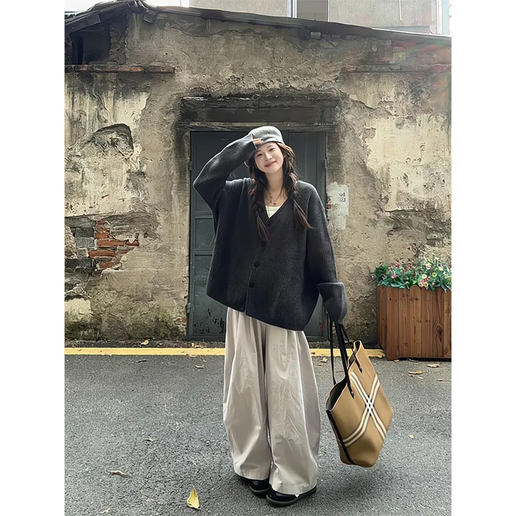 2025新款女士早秋季韩系慵懒风休闲宽松长袖针织开衫高腰阔腿裤