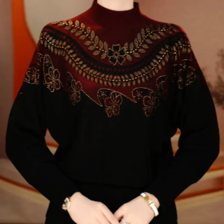 复古时尚提花半高领针织衫2025秋冬新款宽松长袖小众百搭休闲毛衣