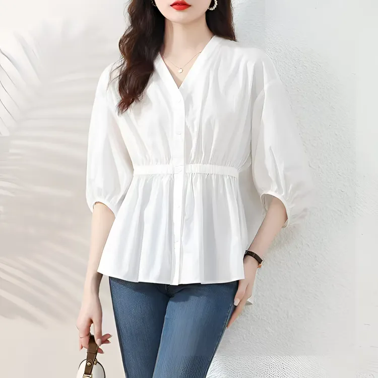 原创【凝脂逸衫】优雅V领气质宽松优雅衬衫百搭束腰设计上衣