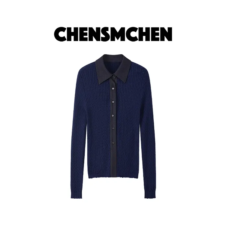 CHENSMCHEN 绵羊毛翻领长袖针织衫女简约百搭显瘦上衣CSZ8929JX