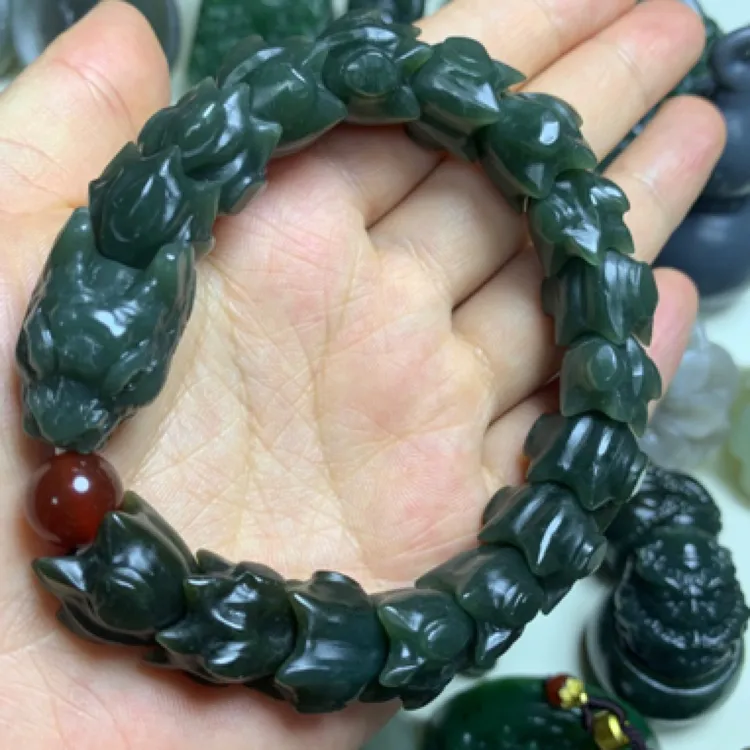 天然和田玉龙骨鳞手串手链男款生肖龙游龙头盘龙天染玉石手串手工