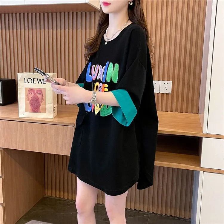 拼接撞色字母印花短袖T恤女2025新款中长款欧货大版休闲洋气上衣