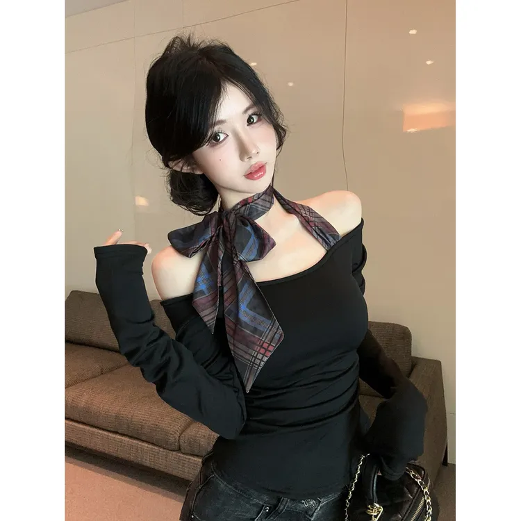 美式辣妹黑色一字肩挂脖格子蝴蝶结T恤春季新款修