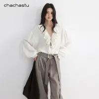 CHACHASTU法式荷叶边长袖V领衬衫气质简约杏色显瘦上衣ZRS1651