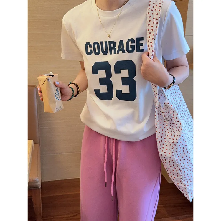1142-短袖T恤女字母印花圆领2025夏修身正肩上衣百搭纯欲风棉吸汗