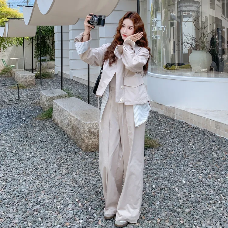 设计感酷飒工装风套装裤女2025秋季新款条纹拼接上衣阔腿裤两件套