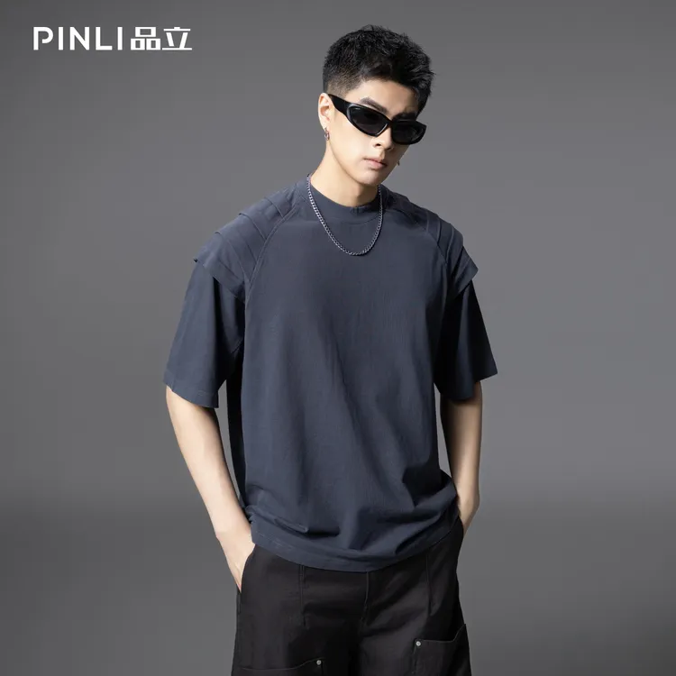PINLI品立2025夏季新款男拼接插肩袖纯色圆领T恤衫潮GD252111296