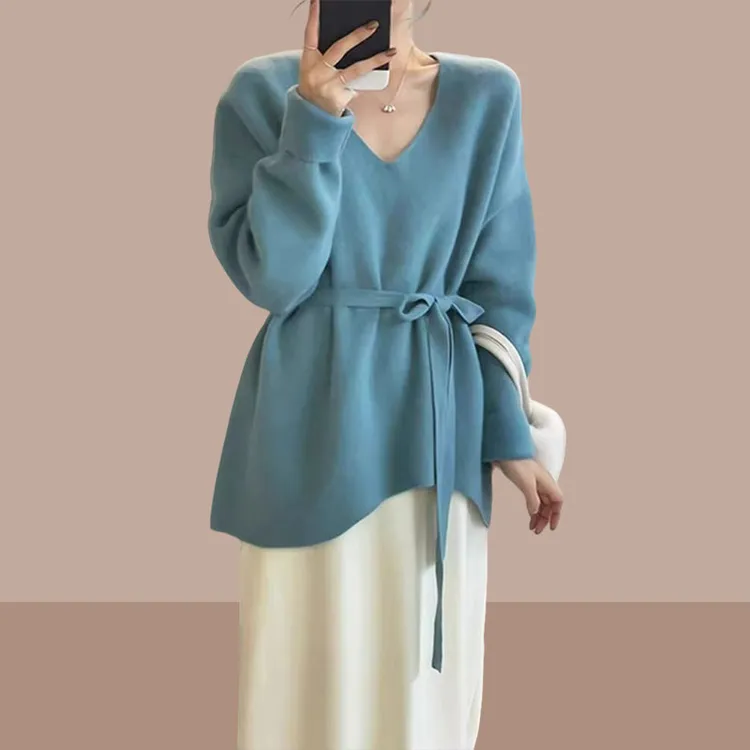 慵懒风系带收腰毛衣女美式秋季时尚新款复古宽松显瘦百搭针织上衣