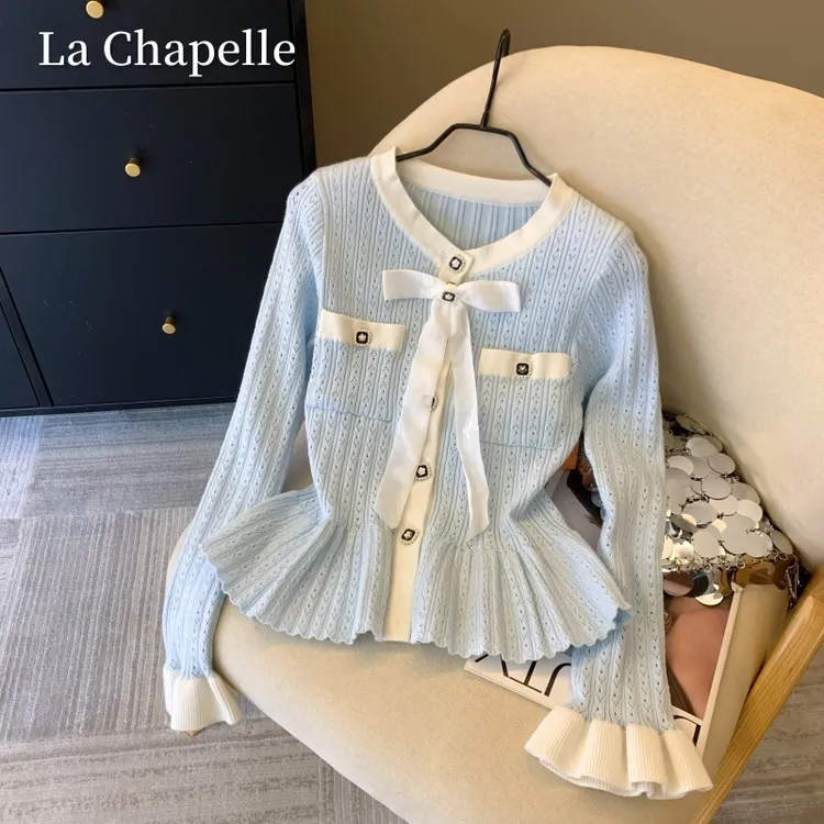 拉夏贝尔法式小香蝴蝶结长袖针织衫女秋设计镂空毛衣遮肚裙摆上衣