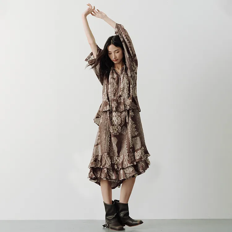 连衣裙早秋度假氛围蕾丝印花图案咖色亚麻材质舒适亲肤