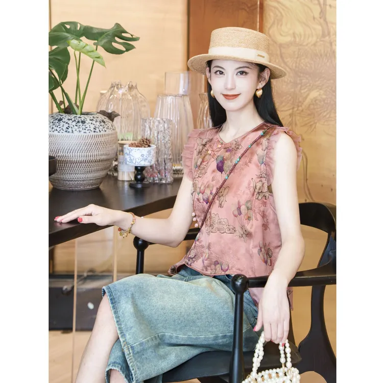【小飞象】新中式国风斜襟提花活泼遮肉显瘦小飞袖女装上衣LJHB172