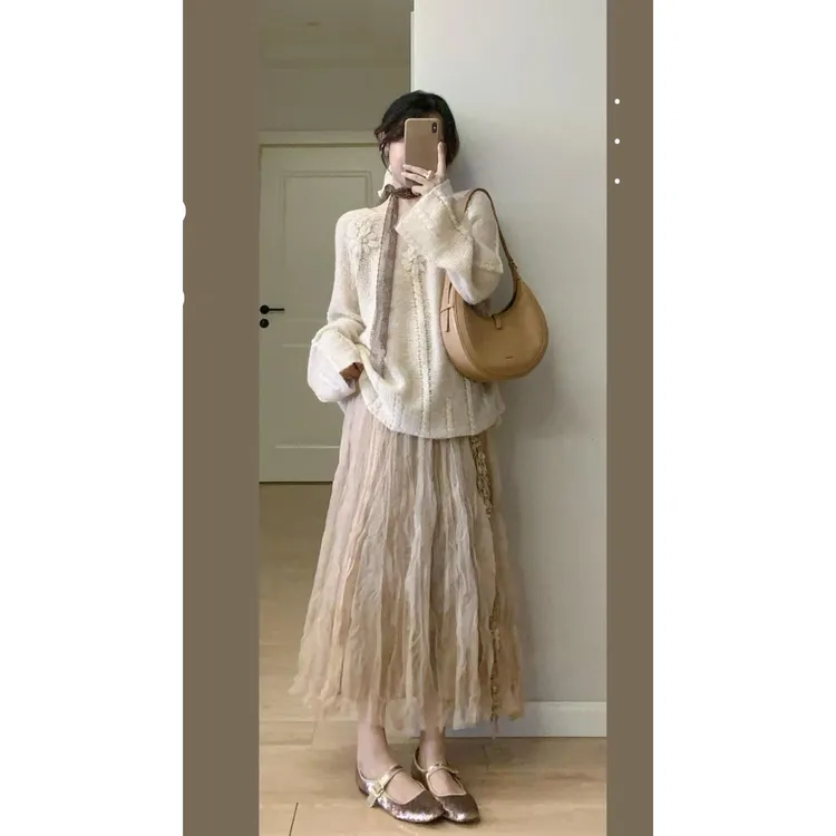 韩版温柔系套装女小众显瘦毛衣超火穿搭一整套秋季新款超仙半身裙