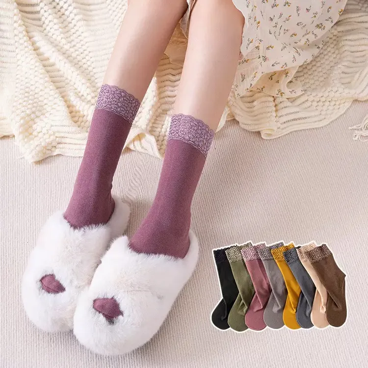 韩版冬季加绒保暖中长筒德绒蕾丝花边袜女士春秋堆堆子女袜中筒袜