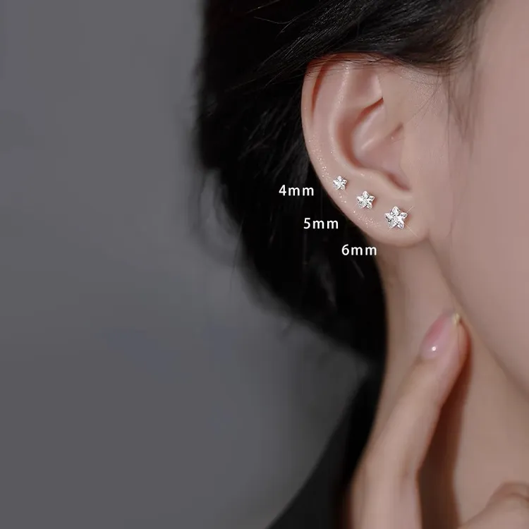 足银耳饰 小星星纯银耳钉养耳洞小巧耳骨钉合成锆五角星耳环耳饰