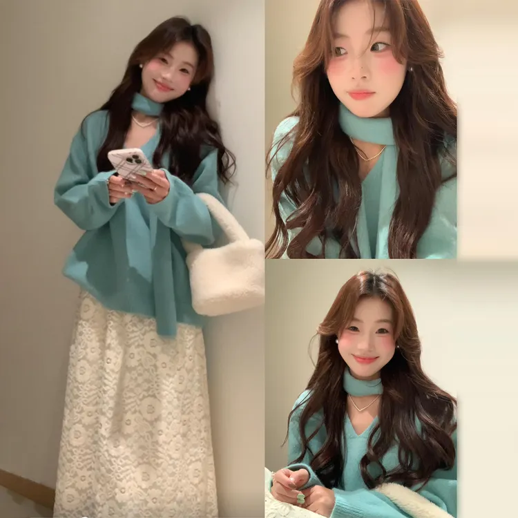 韩系高级感湖蓝色v领飘带毛衣女秋冬宽松慵懒风浣熊绒针织衫外穿