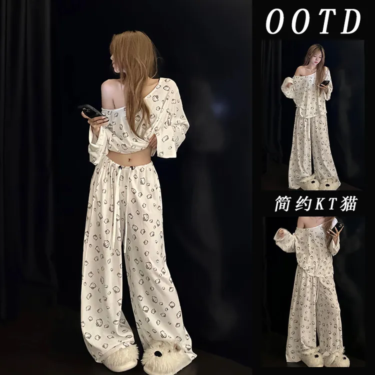 秋季长袖睡衣女简约风可爱KT猫印花学生韩版薄款可外穿家居服套装