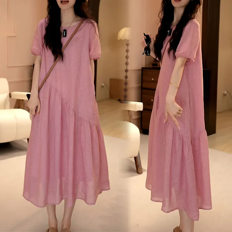 2025夏季新款时尚法式圆领中长款裙子女甜美泡泡袖宽松显瘦连衣裙