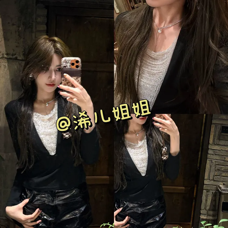 手工水钻v领上衣