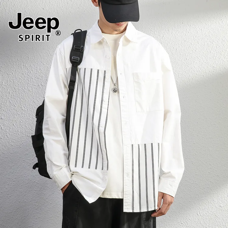 JEEPSPIRIT吉普高端潮牌纯棉条纹长袖衬衫男秋季新款宽松休闲衬衣