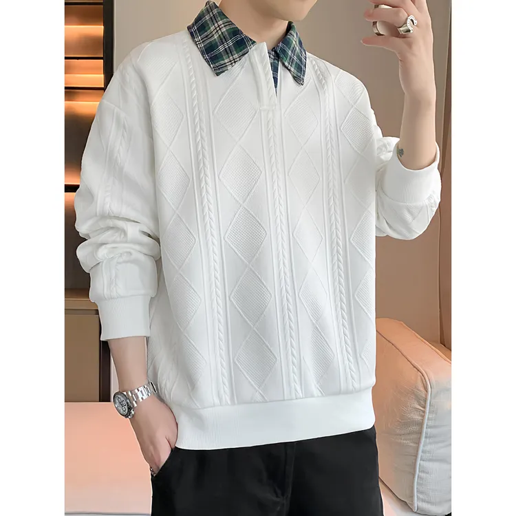 灏吉弧提花质感卫衣男士春秋季宽松大码潮流假两件翻领长袖