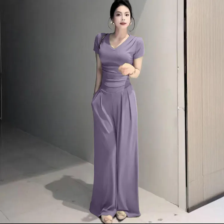 休闲风静奢风通勤风时尚套装显瘦两件套V领上衣阔腿裤百搭潮流
