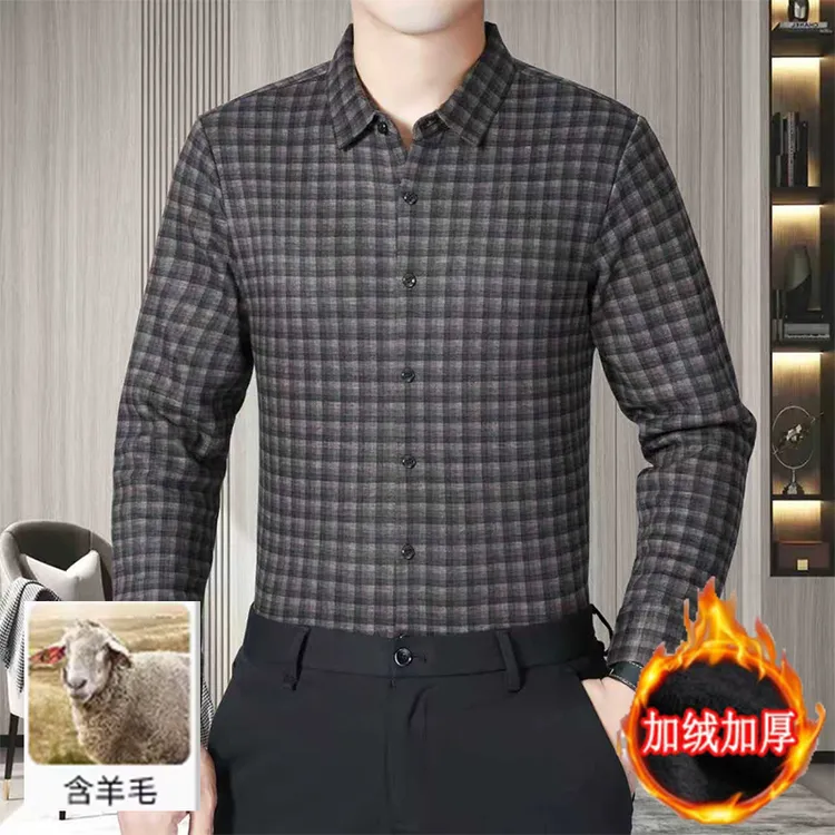 8802【加绒保暖衬衫】羊毛面料冬季中老年男士加厚长袖衬衣打底衫